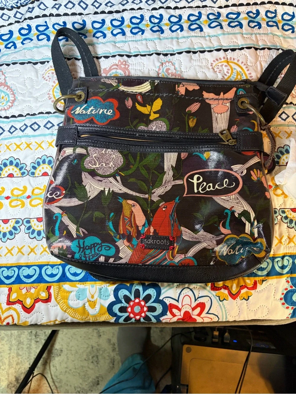 Sakroots Black Multicolor Bird & Floral Crossbody